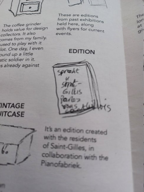 A page from the booklet that accompanies the exhibition in which you see a black and white drawing of Constant's publication.