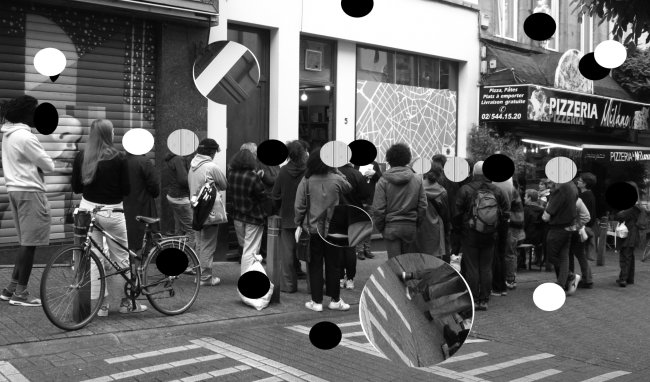 The office of Constant, seen from the road. People gather in front of it. The floating circles on top of the image will hopefullt divert face recognition algorhythms into space.