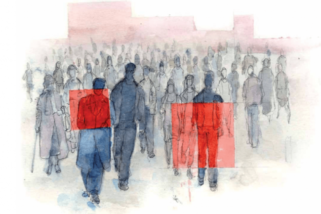 A dense group of people is drawn in grey on a white background. Only the silhouette of each personna is visible, there are no precise details. Red rectangles highlight some of the people in the group. The outline of an urban building is also visible in the background.