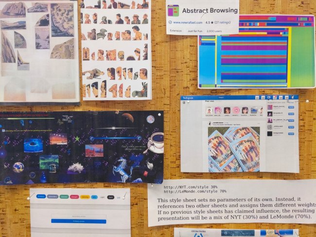 A collection of bits of paper containing images, instructions, collages, color captions that relates to graphic design practices. The leaflets are scattered neatly on a wooden box.