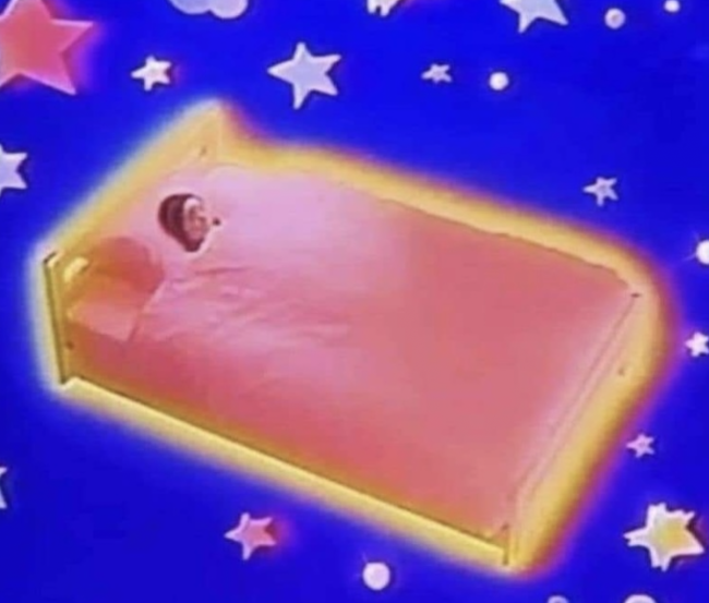 A person is lying under the blankets of a bed flying into the starry night. Probably cropped from a meme in which someone did not wanna get out of bed.
