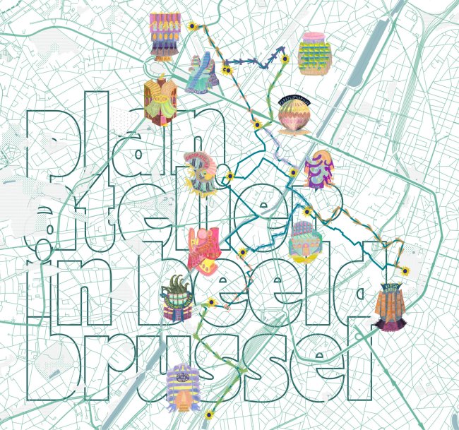 Event poster featuring a map of Brussels with the participating studios marked by a colourful illustration.